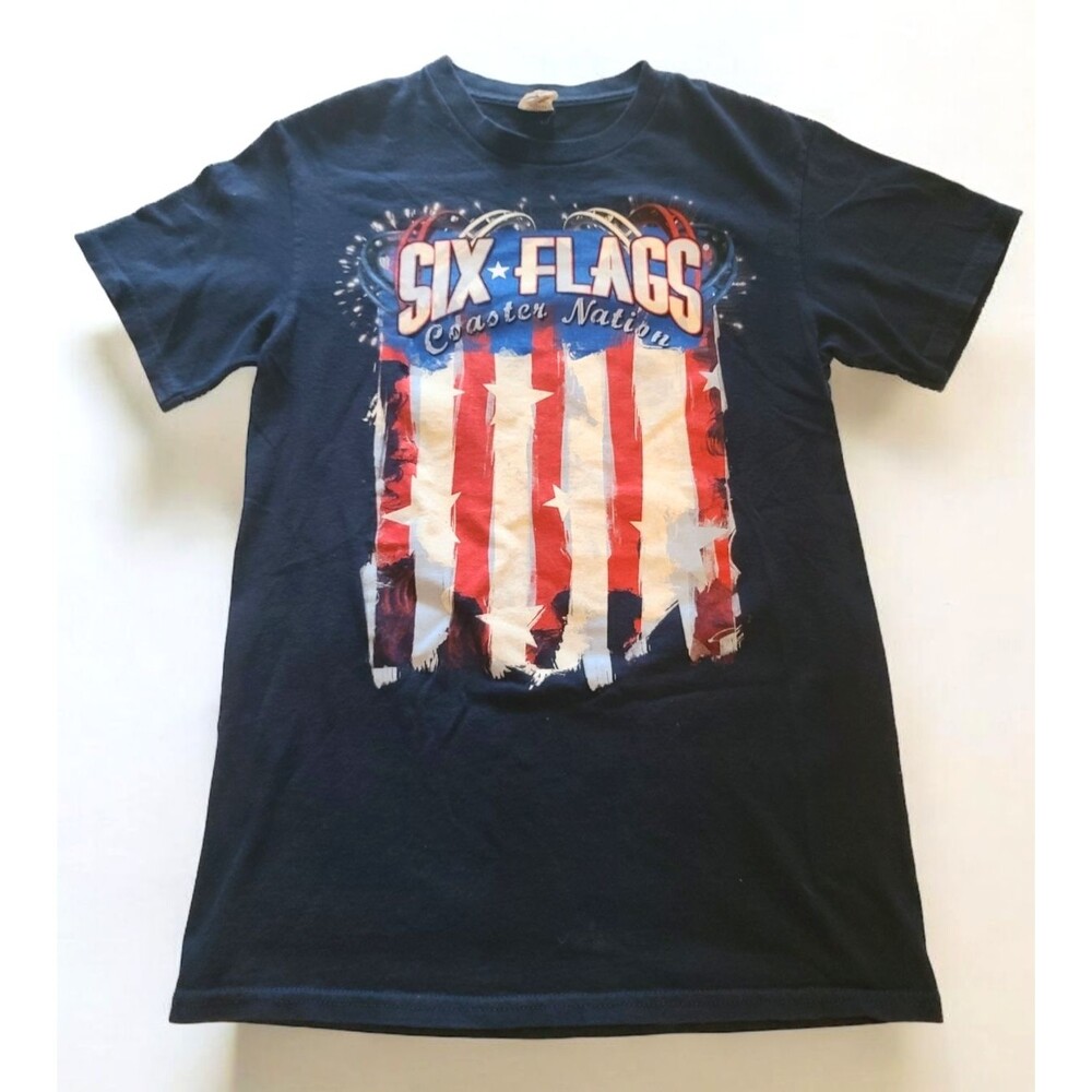 Vintage Six Flags Coaster Nation Patriotic American Flag Shirt VTG Small